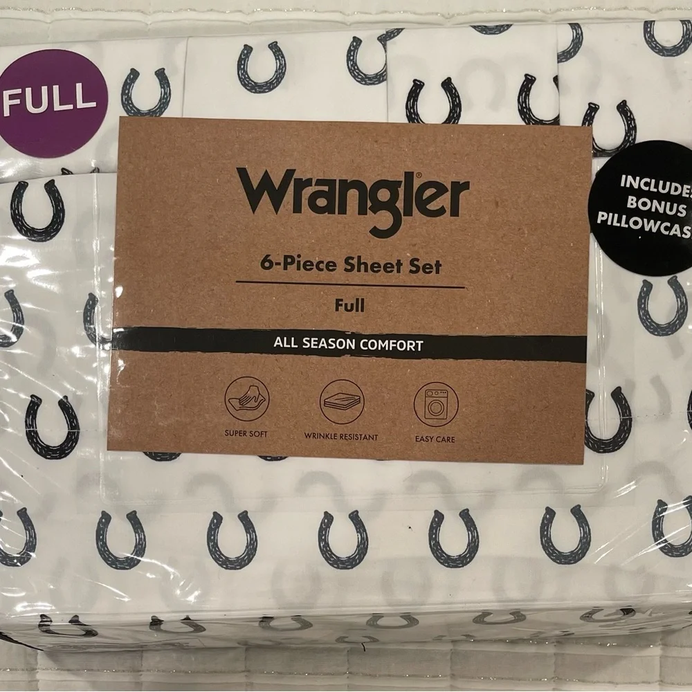Wrangler 6 Piece Sheet Set - White with Black Horseshoe Design Full Bed - Picture 1 of 2